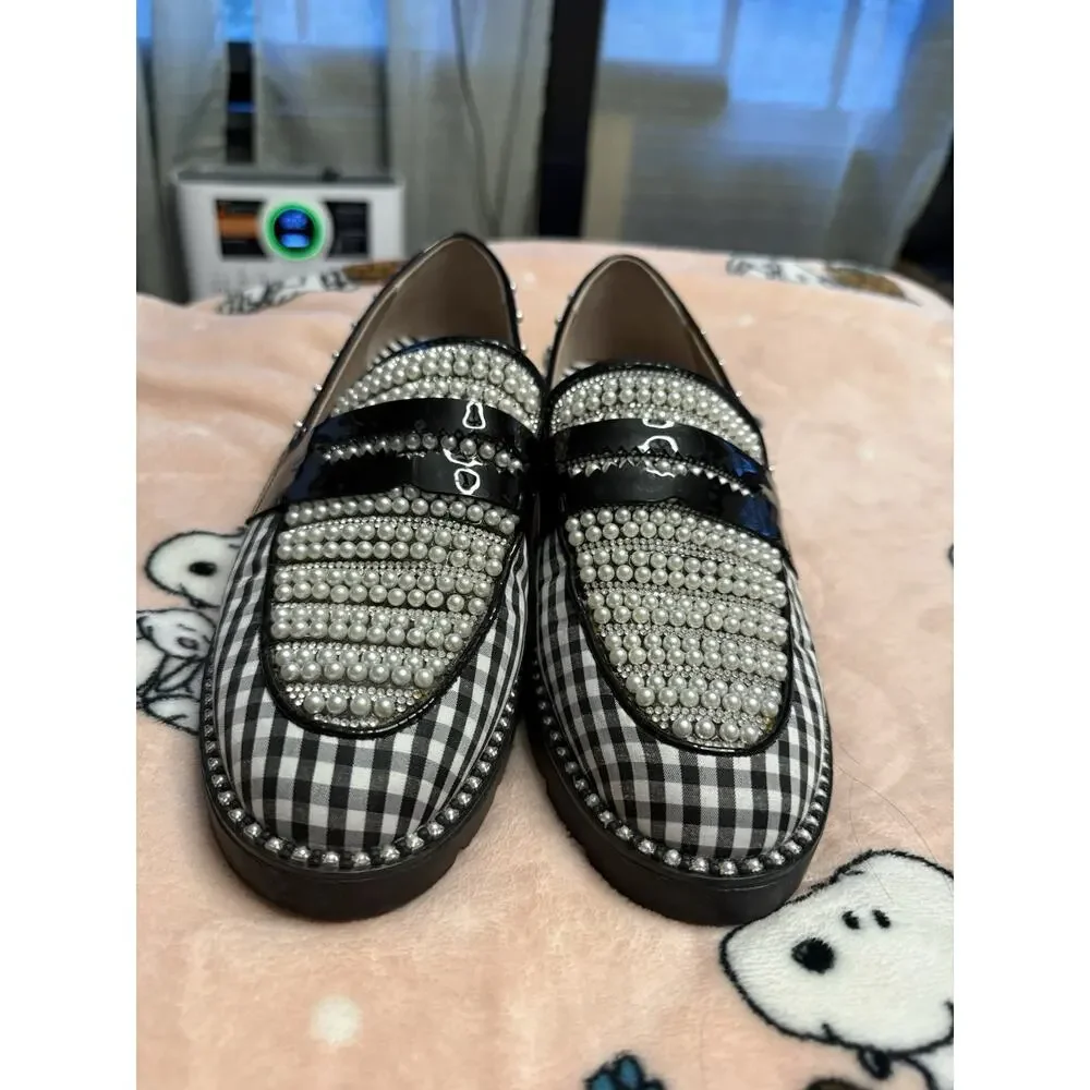 Betsey Johnson Women’s Loafer Flats Slip-On Gingham Pearl Studded 8.5M